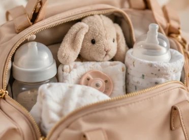 Bolso abierto con mamaderas, chupete y un peluche