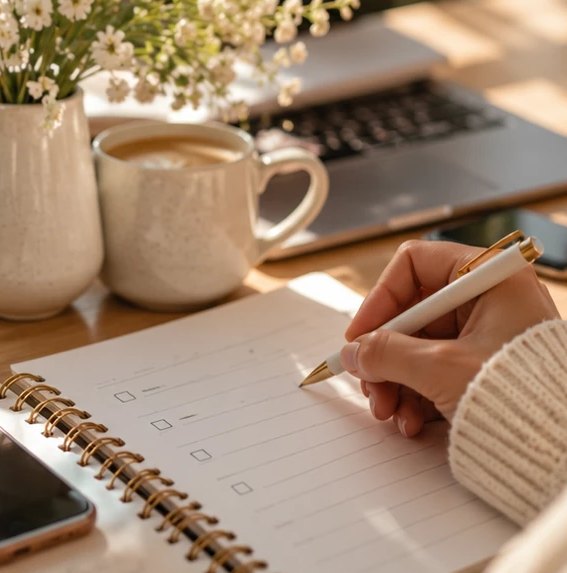 Una mano escribe una lista de pendientes en una libreta, junto a un café y un computador