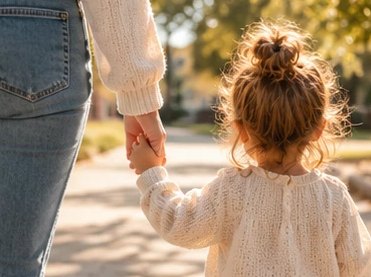 Una mamá lleva de la mano a su hija, de espaldas, en un parque