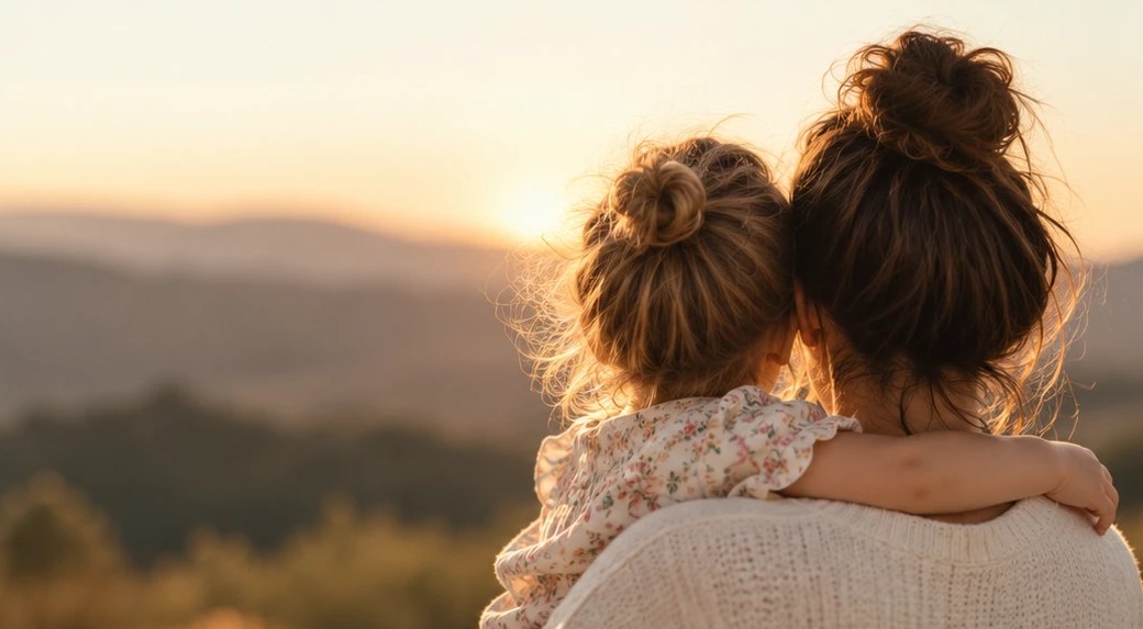 Una mamá con su hija en brazos, de espaldas, mirando el atardecer
