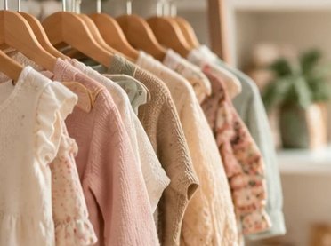 Ropa infantil colgada en tonos suaves